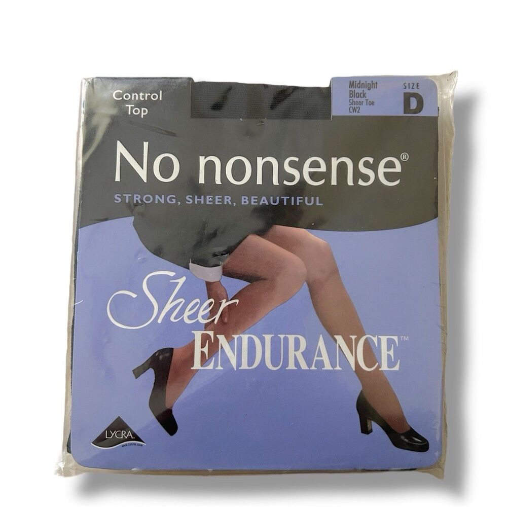 Midnight Black Sheer Toe CW2 No Nonsense Sheer Endurance Pantyhose Size D Vtg